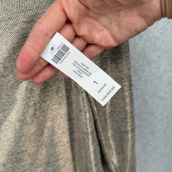 Chicos Womens Metallic Knit Cowl-Neck Top Size M Gold Stretch Knit Shimmery NEW - Picture 5 of 11